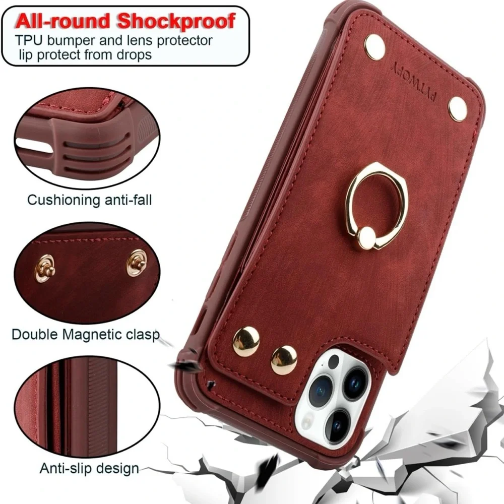 iPhone 15 Pro Wallet Case w/CC Holder,Leather Shockproof Protective Phone Cover